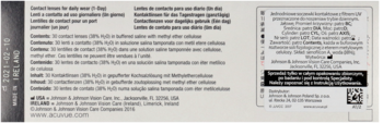 Tylna strona opakowania soczewek ACUVUE Oasys 1-Day, z tekstem i symbolami. Opis jednodniowych soczewek.