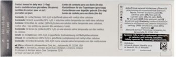 Acuvue Oasys 1-Day – tył opakowania z HydraLuxe, wielojęzycznymi informacjami i kodem QR.