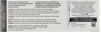 Tylna strona opakowania soczewek ACUVUE z wielojęzycznym opisem produktu i danymi producenta, kod QR.