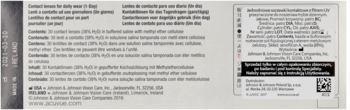 Tył opakowania soczewek ACUVUE Oasys 1-Day z tekstem o HydraLuxe i QR kodem, biało-szare tło.