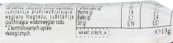 Fragment etykiety wafli Genuss Plus Kids: wartości odżywcze, skład (m.in. węglany magnezu), waga 13g.