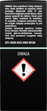 Tył czarnego opakowania olejku zapachowego Eukaliptus z białym tekstem, ostrzeżeniami i piktogramem zagrożenia.