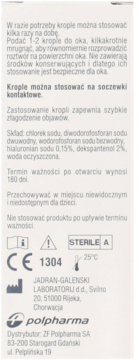 Tył opakowania kropli Starazolin Suche i Podrażnione Oczy, białe pudełko z czarnym tekstem i symbolami.