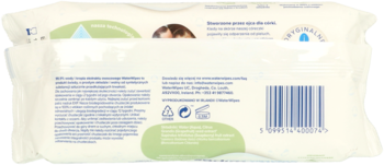 Tył opakowania chusteczek WaterWipes w kolorze białym z zielonymi detalami, widoczne informacje o 99,9% wody i kod kreskowy.