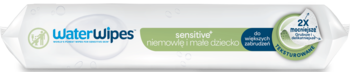 WaterWipes Sensitive chusteczki nawilżane, biała paczka, 99.9% wody, 100% biodegradowalne, widok z przodu.