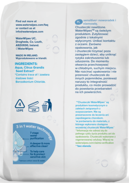 Tył białego opakowania chusteczek WaterWipes z 99.9% wody. Widoczne składniki i ikony recyklingu.