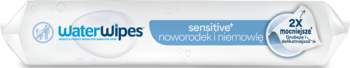 Opakowanie Waterwipes sensitive dla niemowląt. Białe z niebieskimi napisami, front widok. Podkreślona miękkość.
