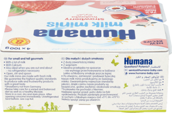 Tył kartonika Humana Milk Minis, truskawkowy deserek jogurtowy, z widocznym tekstem i grafikami.