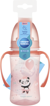 Różowy kubek treningowy Canpol babies 6m+, z uchwytami, silikonowym ustnikiem i wzorem pandy baletnicy.