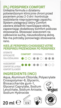 Tył opakowania antyperspirantu Perspirex Comfort 20ml, z listą składników, ikonami Vegan i testów skórnych.
