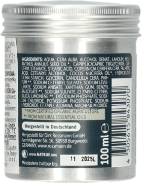 Tył srebrnego opakowania Alterra MEN matującej pasty do włosów, z listą składników, logo NATRUE i napisem 100 ml.