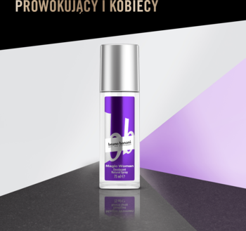 Dezodorant Bruno Banani Magic Woman 75ml w butelce z fioletową etykietą i hasłem "Prowokujący i Kobiecy".