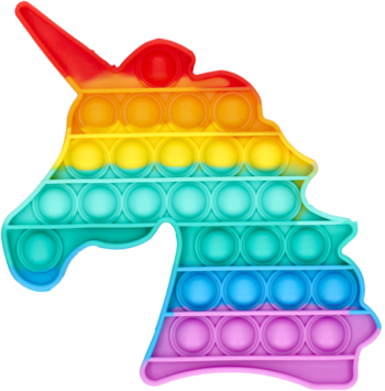 Tęczowa antystresowa zabawka Push Pop Bubble Unicorn, bąbelki, widok z boku, dla dzieci z autyzmem.