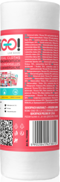 Tył cylindrycznej rolki super chłonnych ściereczek uniwersalnych iGO!, czerwono-białe opakowanie, QR, barcode.