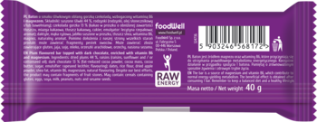 Tył fioletowego opakowania batona Be Raw Energy o smaku śliwkowym w gorzkiej czekoladzie, z kodem i wagą 40g.