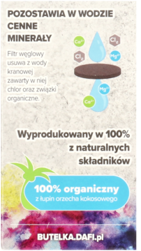 Reklama filtra wody Dafi: brązowy wkład węglowy, krople wody z minerałami, tekst o usuwaniu chloru i naturalnym składzie.