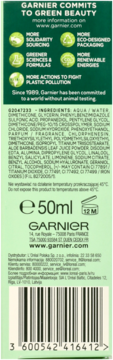 Tył opakowania kremu Garnier BB, 50ml, z listą składników, informacjami o zielonej polityce i SPF10.