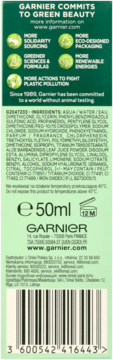 Tył zielonego opakowania Garnier BB cream 50ml z informacjami o zrównoważonym rozwoju, składem i kodem kreskowym.