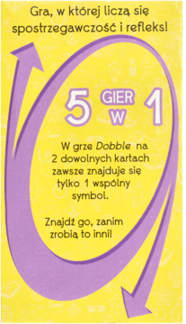 Żółta karta promocyjna gry Dobble z fioletowymi strzałkami i napisem '5 gier w 1', o refleksie i spostrzegawczości.