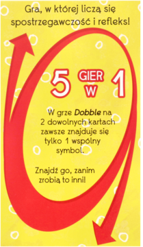 Karta Dobble 5w1 na żółtym tle z czerwonym łukiem i tekstem: "Znajdź wspólny symbol", widok z przodu.