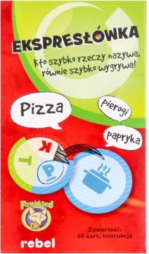 Przód pudełka gry Ekspresłówka, edukacyjnej gry słownej. Czerwono-zielone tło, tekst Pizza, Pierogi, litery K, P.