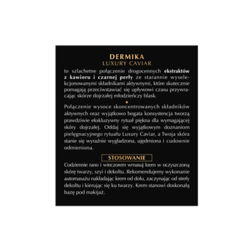 Ciemna plansza z białym tekstem Dermika Luxury Caviar, opisująca kawiorowy krem przeciwzmarszczkowy.