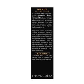Dermika Luxury Caviar, regenerujący krem pod oczy, czarne opakowanie, tył z opisem i składnikami, 15ml.