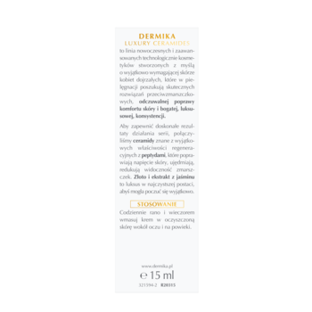 Bok biało-złotego opakowania Dermika Luxury Ceramides liftingującego kremu-serum pod oczy, z widocznym opisem.