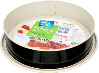 Tortownica Flink & sauber 28 cm, pojedyncze dno, biało-czarna, widok z góry z etykietą produktu.