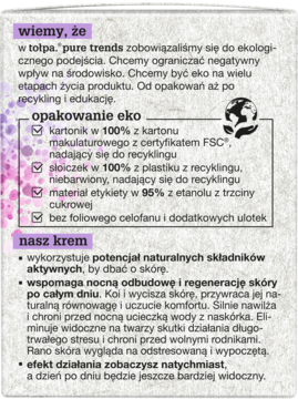Tył opakowania kremu tołpa. pure trends, beżowe tło, z informacjami o ekologicznym opakowaniu i działaniu.