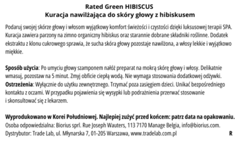 Rated Green HIBISCUS, kuracja nawilżająca, tył etykiety z polskim opisem użycia i ostrzeżeniami.