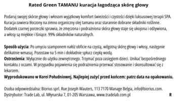 Arkusz informacyjny Rated Green Tamanu kuracja łagodząca skórę głowy: opis, użycie i ostrzeżenia, po polsku.