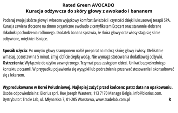 Etykieta Rated Green Avocado: kuracja odżywcza z awokado i bananem, szczegółowy opis produktu i użycia.