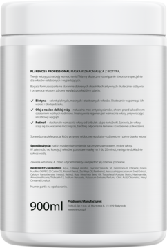 Tył białego opakowania maski do włosów Revoss Professional z biotyną, 900ml, widoczne informacje i składniki.