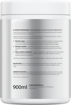 Tył białego opakowania Revoss Professional 900ml: maska do włosów farbowanych z papają i macadamią, tekst.