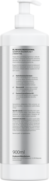Tył białej butelki szamponu Revoss Professional z keratyną i pompką, widoczne szczegóły etykiety 900ml.
