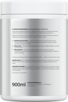 Tył białej maski Revoss Professional z keratyną 900ml, widoczny polski opis regeneracji włosów i skład.