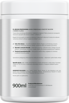 Tył białego opakowania maski Revoss Professional 900ml z aloesem i limonką, do włosów cienkich.