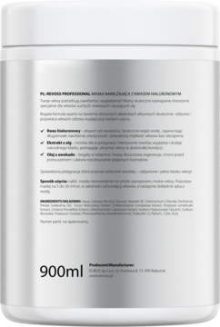 Tył białej tuby Revoss Professional 900ml – nawilżająco-regenerująca maska, widoczny skład PL.