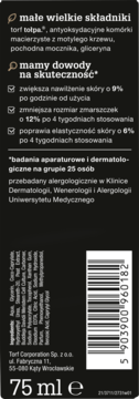 Tył czarnego opakowania serum Tołpa 75 ml, z tekstem o składnikach, efektach i kodem kreskowym.