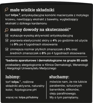 Tył czarnego opakowania tołpa, z białym tekstem opisującym kluczowe składniki i efekty przeciwstarzeniowe kremu.