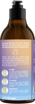 Tył brązowej butelki szamponu OnlyBio Hair in Balance Kids dla dzieci od 1. roku życia, z opisem i bananowym zapachem.