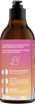 Tył brązowej butelki żelu pod prysznic Liczi i pomarańcza dla dzieci Body in Balance Kids, etykieta z tekstem PL.