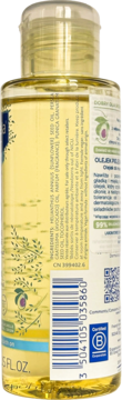 Tył żółtej butelki olejku do masażu z organicznym awokado dla niemowląt, ze składem i kodem, 99% naturalny.