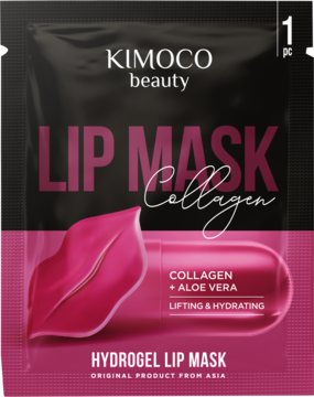 KIMOCO Hydrogel Lip Mask Collagen, czarno-różowa saszetka z grafiką ust, liftingująca i nawilżająca.
