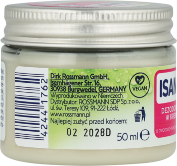 Isana dezodorant w kremie 50ml, wegański, z sodą, owocowo-kwiatowy. Tył z danymi i terminem ważności.