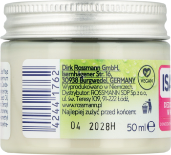 Tył Isana dezodorantu w kremie 50ml z sodą, kodem kreskowym, danymi Rossmann i znakiem Vegan, data 04 2028.