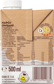 Tył brązowego kartonu Napoju Owsianego GRANA 500 ml z wapniem i witaminami, tabela wartości odżywczych.