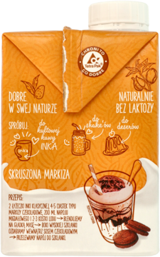 Front brązowego kartonu napoju migdałowego bez laktozy, z ilustracjami deserów i przepisem na markizę.