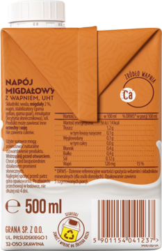 Bok brązowego kartonu Grana Napój Migdałowy 500ml UHT. Widoczne dane o składzie i wartościach odżywczych.